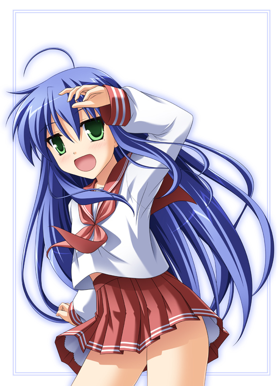 tsuda akira, izumi konata, lucky star, bad id, bad pixiv id, 00s, 1girl, ahoge, blue hair, female focus, green eyes, long hair, mole, mole under eye, school uniform, serafuku, solo