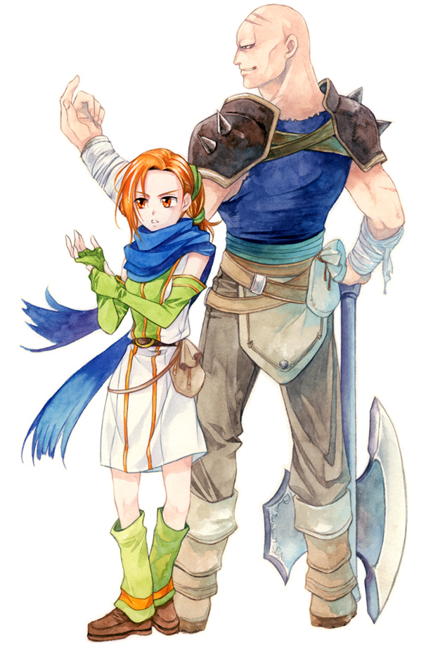agahari, cath (fire emblem), garret (fire emblem), fire emblem, fire emblem: the binding blade, nintendo, green footwear, bad id, bad pixiv id, 1boy, 1girl, armor, axe, bald, bandages, blue scarf, boots, elbow gloves, fingerless gloves, gloves, leg warmers, orange eyes, orange hair, pouch, scarf, shoulder pads, weapon