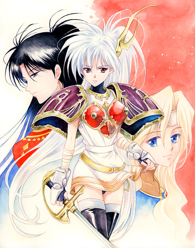 agahari, jessica (langrisser), liffany, liffany (langrisser), luna (langrisser), langrisser, langrisser iii, silver hair, bad id, bad pixiv id, 3girls, armor, black hair, blonde hair, long hair, multiple girls, sword, thighhighs, very long hair, weapon, zettai ryouiki