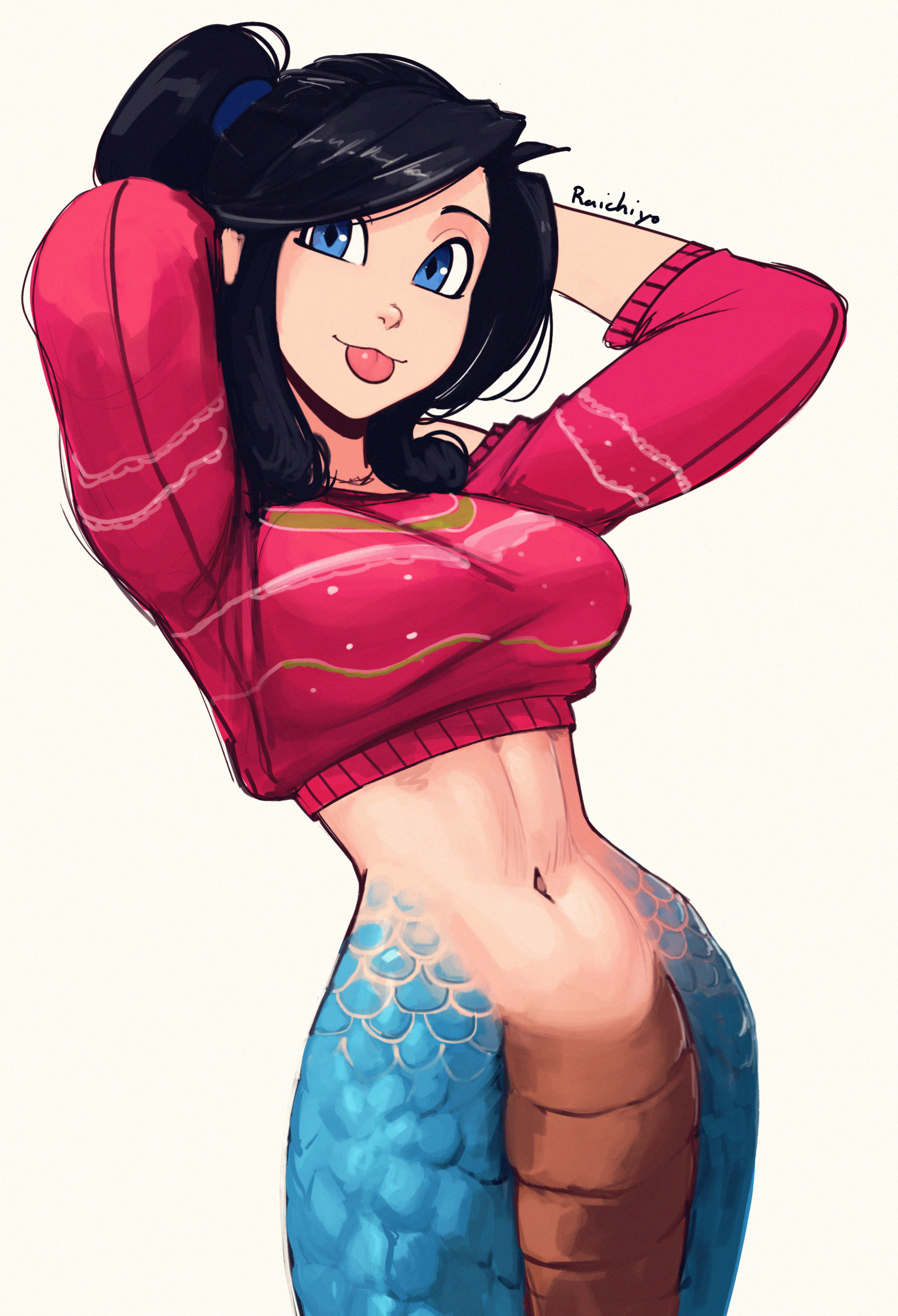 raichiyo33, original, absurdres, commentary, english commentary, highres, 1girl, :3, arms behind head, artist name, black hair, blue eyes, breasts, chimi (raichiyo33), closed mouth, cropped sweater, hair behind ear, head tilt, jewelry, lamia, long hair, looking at viewer, medium breasts, monster girl, navel, necklace, nose, parted hair, ponytail, scales, simple background, solo, sweater, three-quarter sleeves, tongue, tongue out, white background
