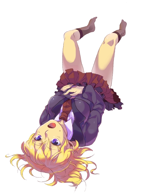 shounibyou (shonibyodayo), ushiromiya jessica, umineko no naku koro ni, 00s, blonde hair, legs, long hair, lying, purple eyes, school uniform, skirt, socks, solo
