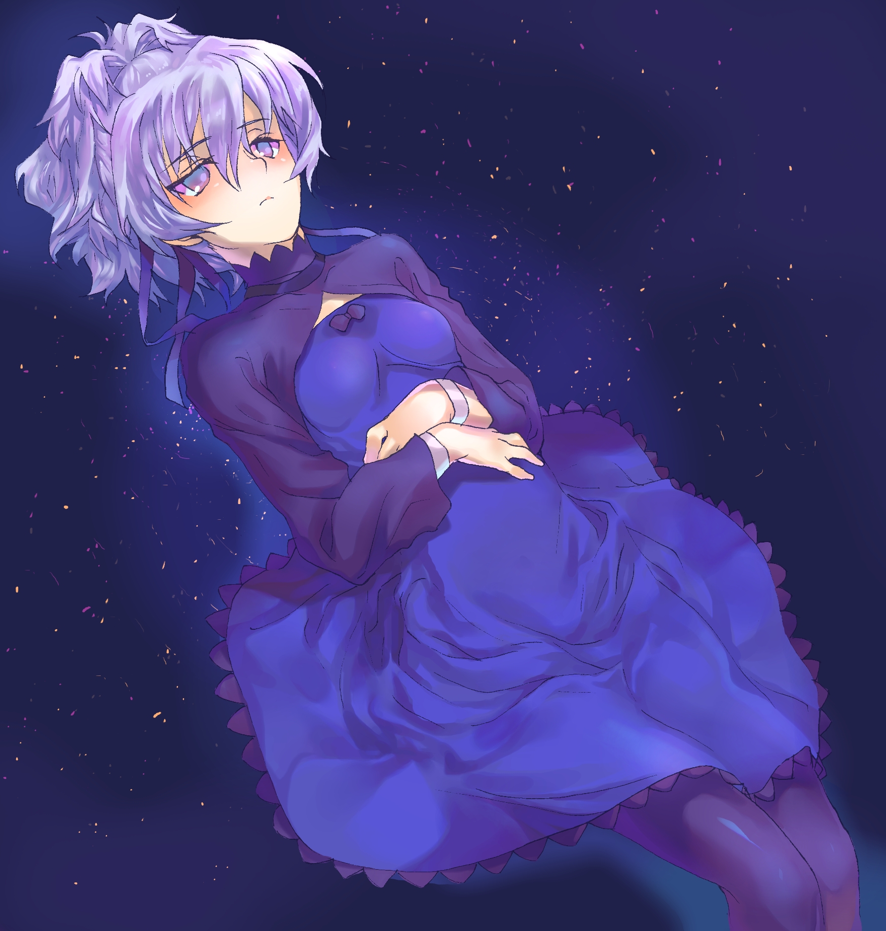 shounibyou (shonibyodayo), yin (darker than black), darker than black, highres, 00s, 1girl, blue dress, dress, female focus, flat chest, lying, pantyhose, purple eyes, purple hair, sky, solo