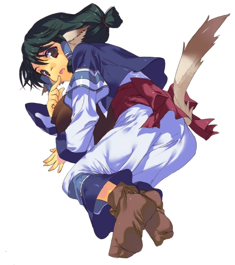 shounibyou (shonibyodayo), aruruu, utawarerumono, bad id, bad pixiv id, 00s, animal ears, ass, feet, green hair, long hair, looking back, socks, solo, tail