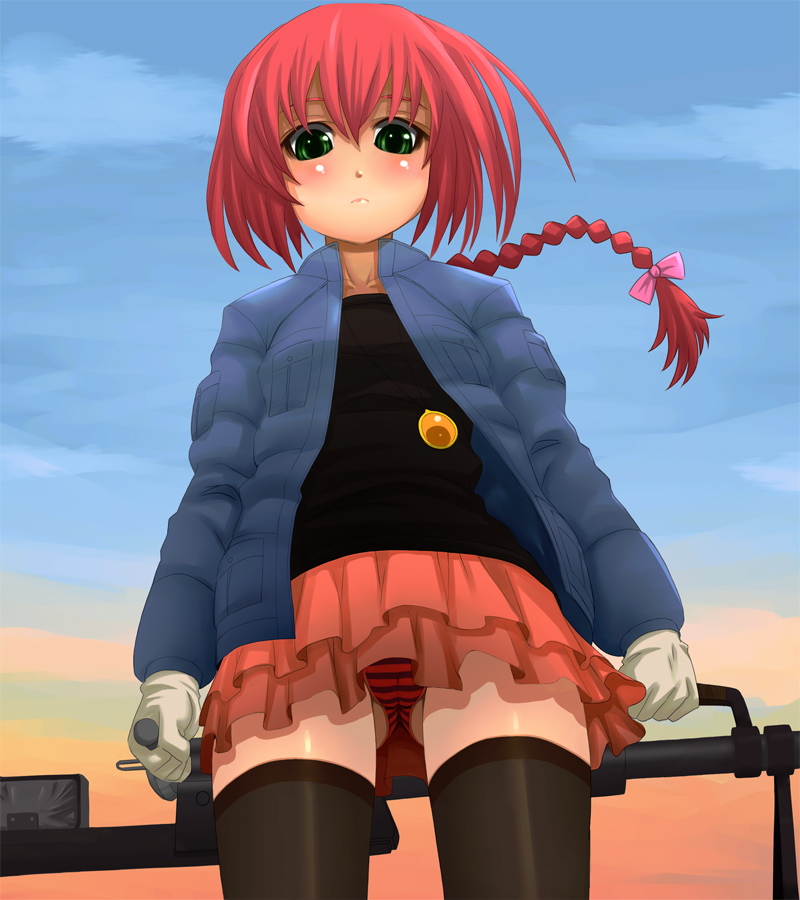ebi tendon, suou pavlichenko, darker than black, 00s, 1girl, alternate legwear, anti-materiel rifle, black thighhighs, blush, bolt action, braid, female focus, from below, gloves, green eyes, gun, long hair, looking down, panties, pantyshot, ptrd-41, red hair, rifle, skirt, sniper rifle, solo, striped clothes, striped panties, thighhighs, underwear, upskirt, weapon, zettai ryouiki
