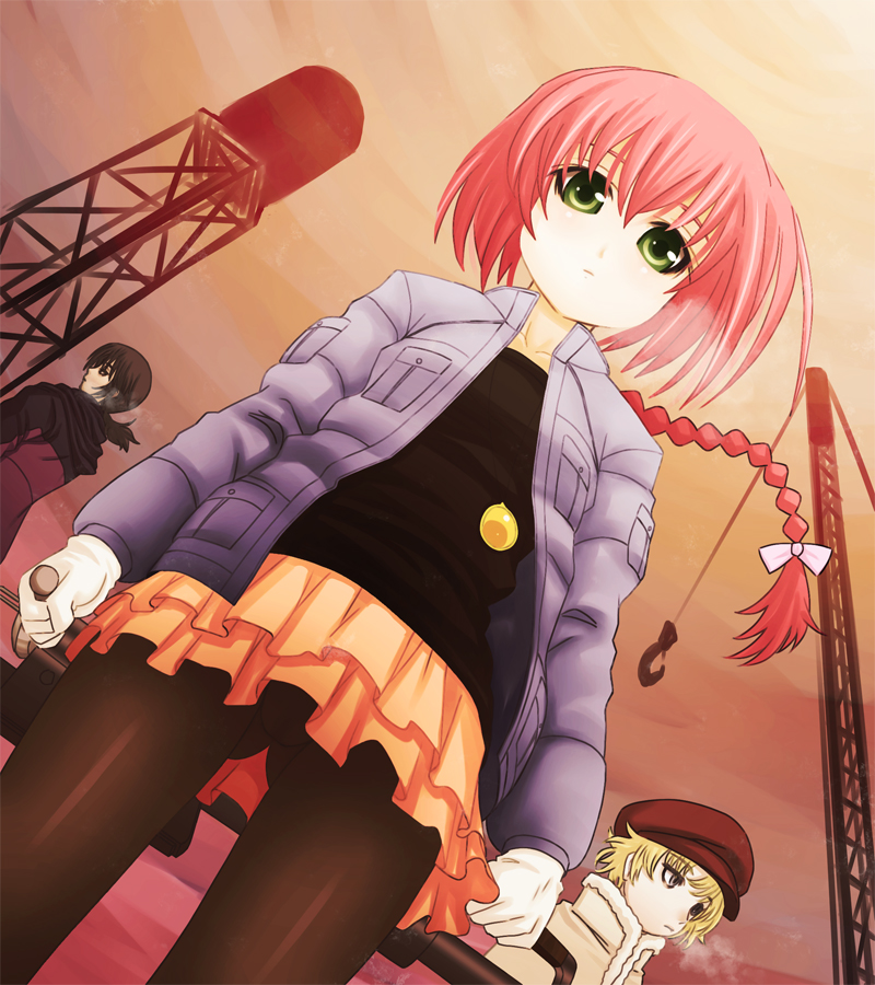 ebi tendon, hei (darker than black), july (darker than black), suou pavlichenko, darker than black, 00s, 1girl, 2boys, anti-materiel rifle, blush, bolt action, braid, from below, gloves, green eyes, gun, long hair, looking down, multiple boys, pantyhose, ptrd-41, red hair, rifle, skirt, sniper rifle, upskirt, weapon