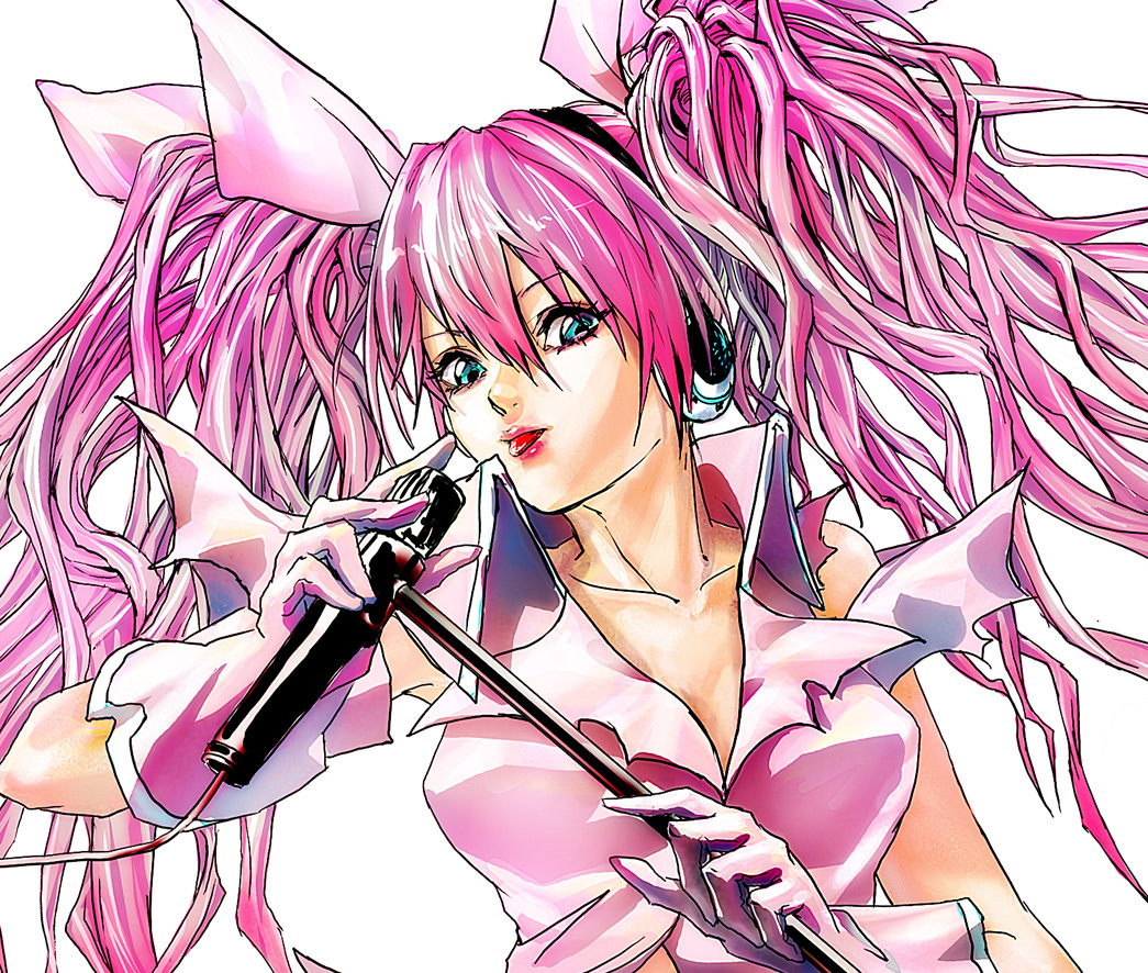 absk, hagane miku, hatsune miku, hagane vocaloid, vocaloid, bad id, bad piapro id, 1girl, :p, aqua eyes, female focus, headphones, long hair, microphone, microphone stand, pink hair, simple background, solo, tongue, tongue out, twintails, white background