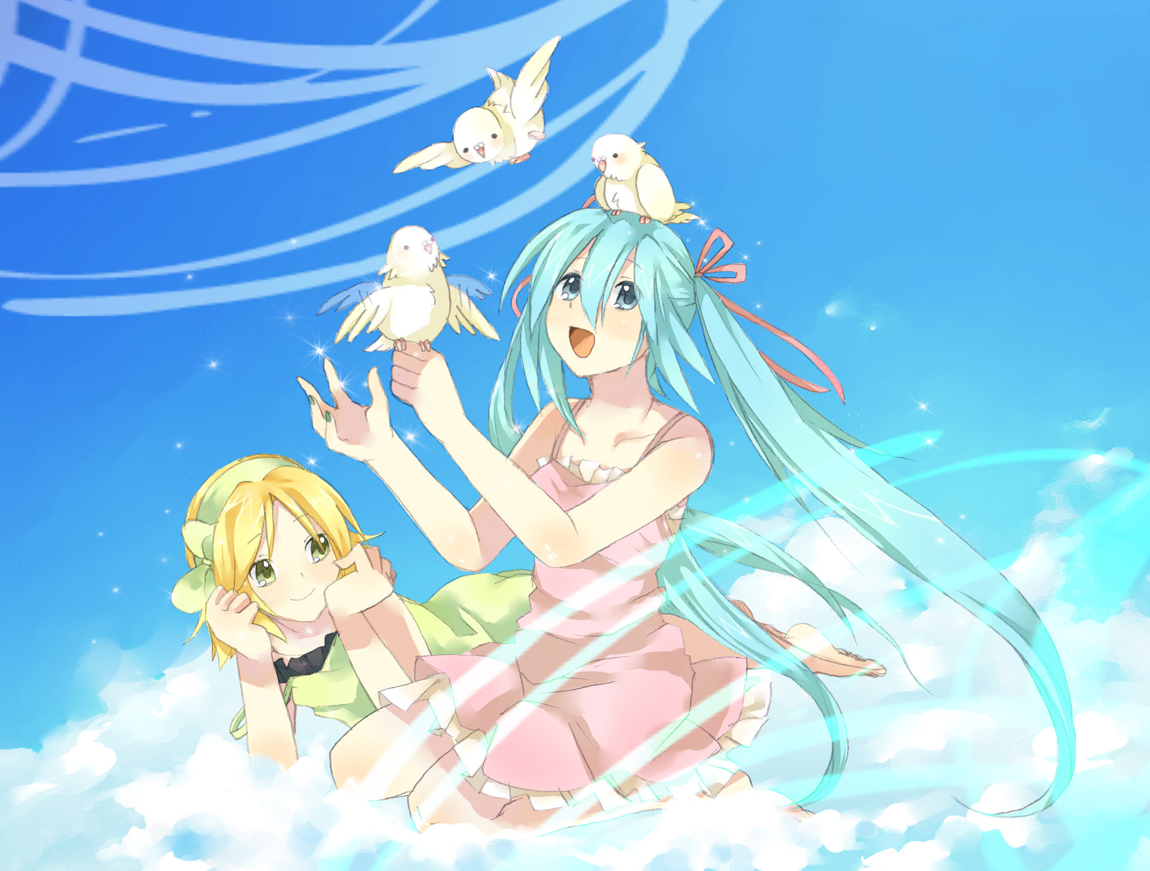 moka-momaka, hatsune miku, kagamine rin, vocaloid, highres, 2girls, animal, animal on head, aqua eyes, aqua hair, bird, bird on hand, bird on head, blonde hair, cloud, day, hair ribbon, long hair, multiple girls, on head, ribbon, seiza, short hair, sitting, smile, twintails, very long hair