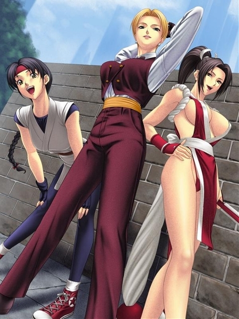 king (snk), shiranui mai, yuri sakazaki, fatal fury, ryuuko no ken, snk, the king of fighters, 3girls, blonde hair, braid, brown hair, dougi, female focus, formal clothes, headband, japanese clothes, long hair, multiple girls, panties, red headband, red panties, short hair, single braid, underwear, very short hair