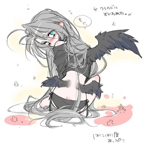 toujou sakana, sephiroth, final fantasy, final fantasy vii, 1990s (style), 1boy, black wings, blush, crossdressing, crossdressing (mtf), green eyes, grey hair, long hair, looking back, male focus, panties, retro artstyle, side-tie panties, sitting, solo, trap, underwear, very long hair, wings