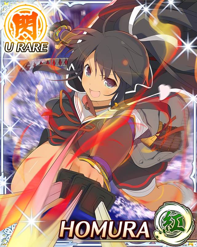 homura (senran kagura), senran kagura, senran kagura new wave, game cg, official art, third-party source, :d, aiming, aiming at viewer, aqua eyes, aura, between fingers, black cape, black dress, black hair, border, breasts, cape, card (medium), character name, collar, dark-skinned female, dark skin, dress, fire, grey sweater, hair tie, high ponytail, holding, holding sword, holding weapon, katana, large breasts, long hair, looking at viewer, motion blur, multiple swords, multiple wielding, open mouth, ponytail, ribbon, smile, sweater, sword, tan, very long hair, weapon, white collar, white ribbon