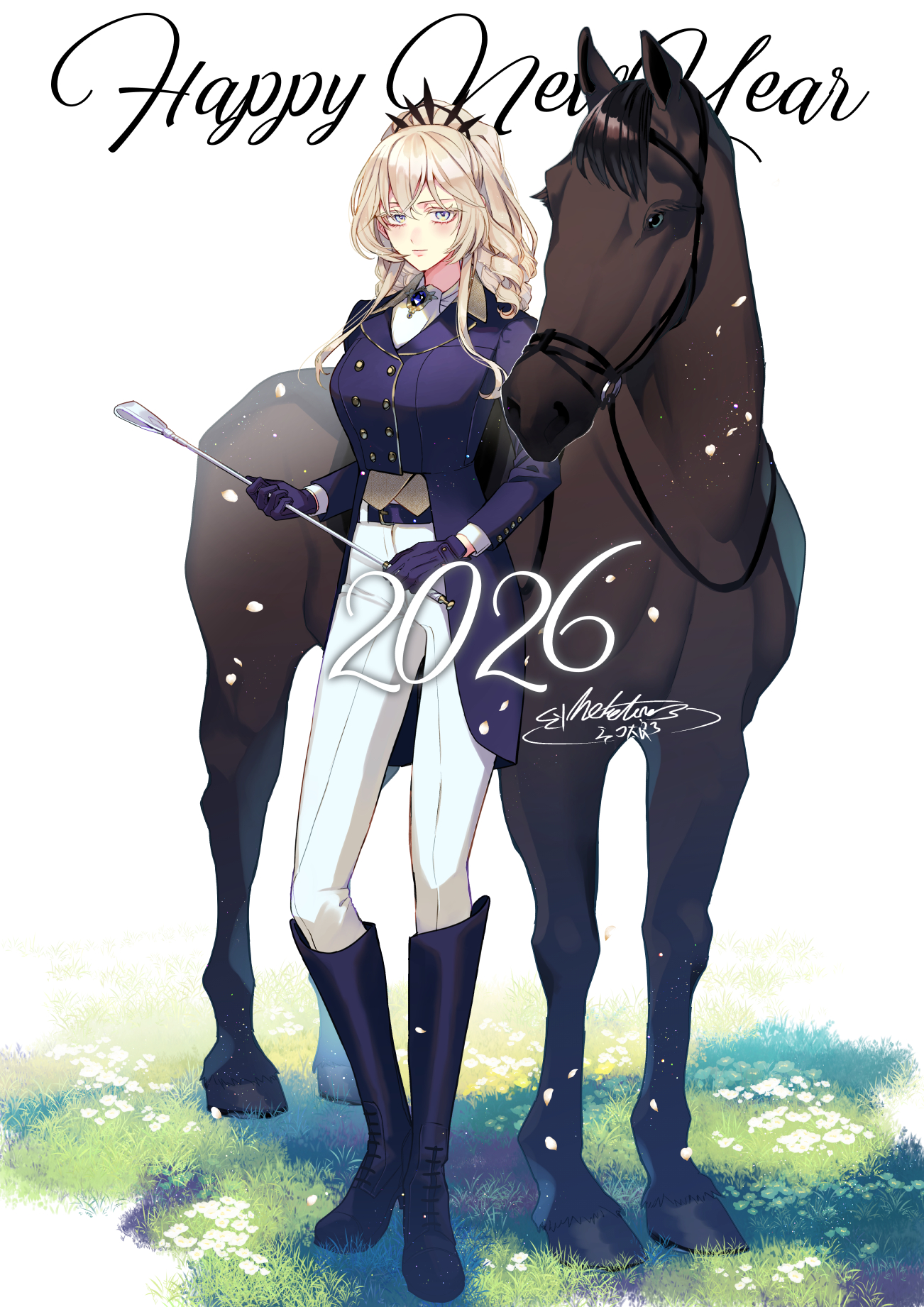 shinonome neko-tarou, lapis tenebrae, genkai ol-san wa akuyaku reijou-sama ni tsukaetai, commentary request, highres, 1girl, alternate costume, artist name, blonde hair, boots, brooch, gloves, hair ornament, holding, holding riding crop, horse, jewelry, knee boots, on grass, pants, riding boots, riding crop, riding outfit, signature, simple background, tiara