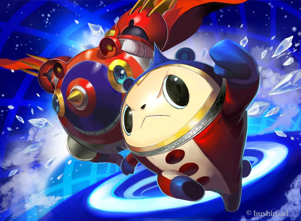 hippo (artist), hippo (hippo999), kamui (megami tensei), kuma (persona 4), atlus, persona, persona 4, frown, no humans, stuffed animal, stuffed toy, zipper