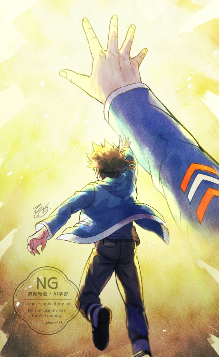 konagonana, yagami taichi, digimon, digimon adventure -beyond-, commentary request, highres, 1boy, black pants, blue jacket, brown hair, foot out of frame, from behind, glowing, goggles, goggles on head, jacket, pants, solo, watermark