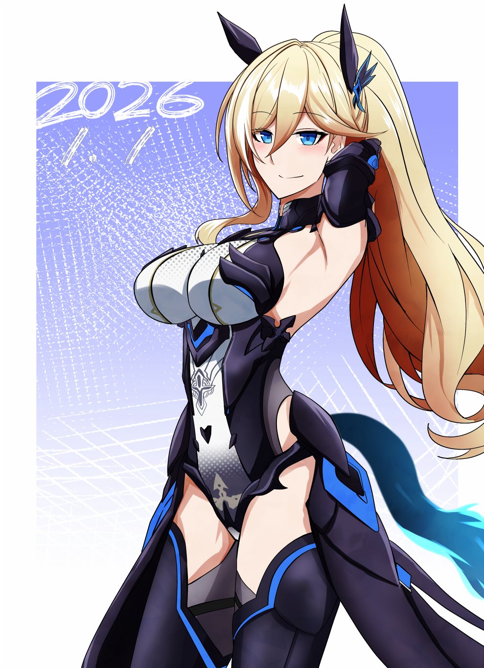 nabeiro kin, durandal (honkai impact), durandal (palatinus equinox) (honkai impact), honkai (series), honkai impact 3rd, commentary request, highres, 1girl, 2026, arm behind head, armpits, black boots, black leotard, blonde hair, blue eyes, blue tail, boots, breasts, large breasts, leotard, long hair, looking at viewer, ponytail, smile, solo, thighs, very long hair