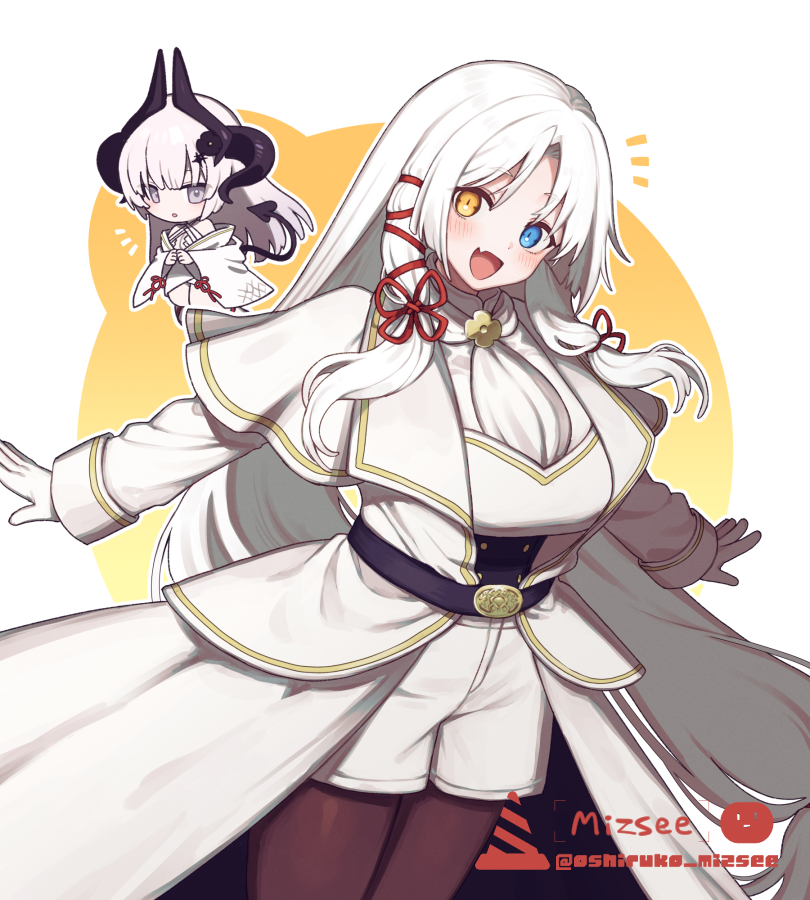 oshiruko (tsume), original, commentary request, commission, skeb commission, 2girls, belt, blue eyes, blush, breasts, brown eyes, brown pantyhose, fang, gloves, heterochromia, jacket, japanese clothes, kimono, large breasts, long hair, looking at viewer, mini person, minigirl, multiple girls, notice lines, open mouth, outstretched arms, pantyhose, shorts, skin fang, smile, spread arms, white eyes, white gloves, white jacket, white kimono, white shorts