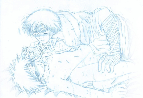 lucrecia (y!gallery), gaara (naruto), rock lee, naruto (classic), naruto (series), lowres, 2boys, male focus, monochrome, multiple boys, spread legs, white background, yaoi