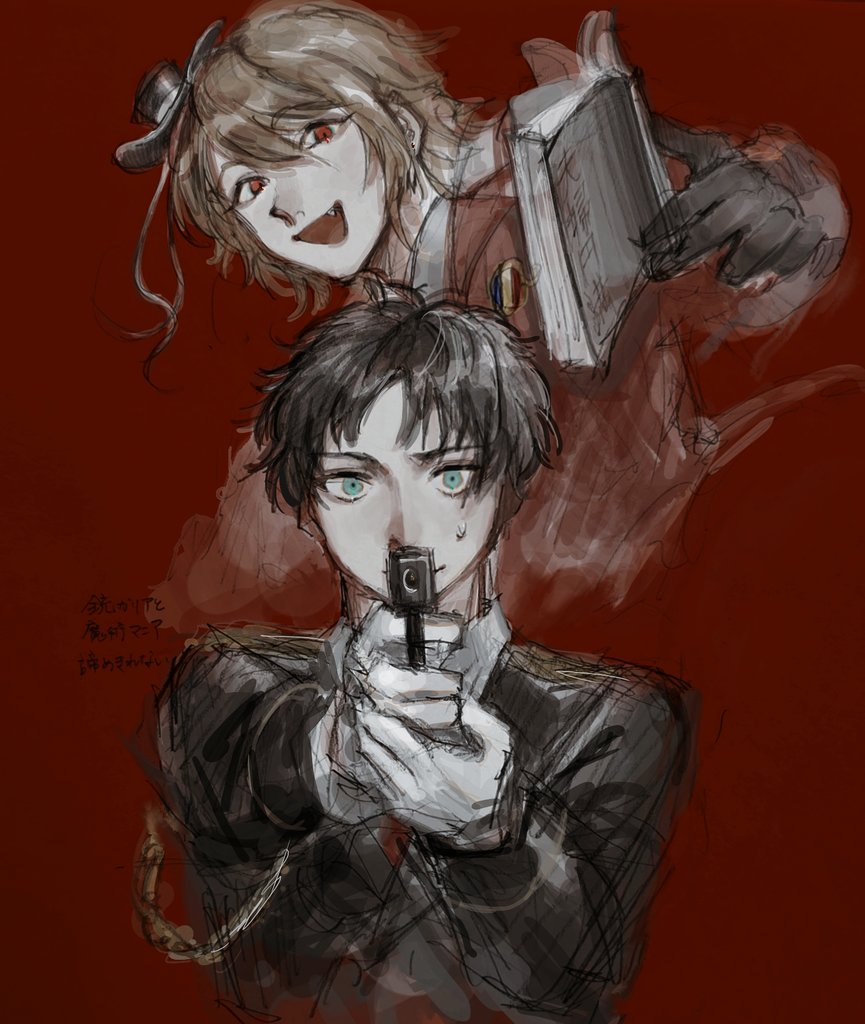 gnmi 58, bulgaria (hetalia), romania (hetalia), axis powers hetalia, commentary request, 2boys, aiming, aiming at viewer, aqua eyes, black gloves, black hair, black hat, black jacket, book, brown hair, closed mouth, collared shirt, fang, gloves, gun, hair between eyes, hand up, handgun, hands up, hat, holding, holding book, holding gun, holding weapon, jacket, lapels, long sleeves, male focus, medal, military, military jacket, military uniform, mini hat, multiple boys, necktie, open book, open mouth, red background, red eyes, red jacket, red necktie, romanian flag, shirt, short hair, simple background, smile, sweatdrop, tongue, upper body, weapon, white gloves, white shirt