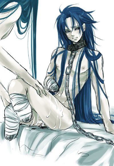 shiraishi asuka, gemini kanon, gemini saga, saint seiya, 2boys, amputee, bandages, bdsm, bed, blood, blue hair, blush, bondage, bound, chain, collar, cum, guro, long hair, male focus, multiple boys, nude, very long hair, yaoi