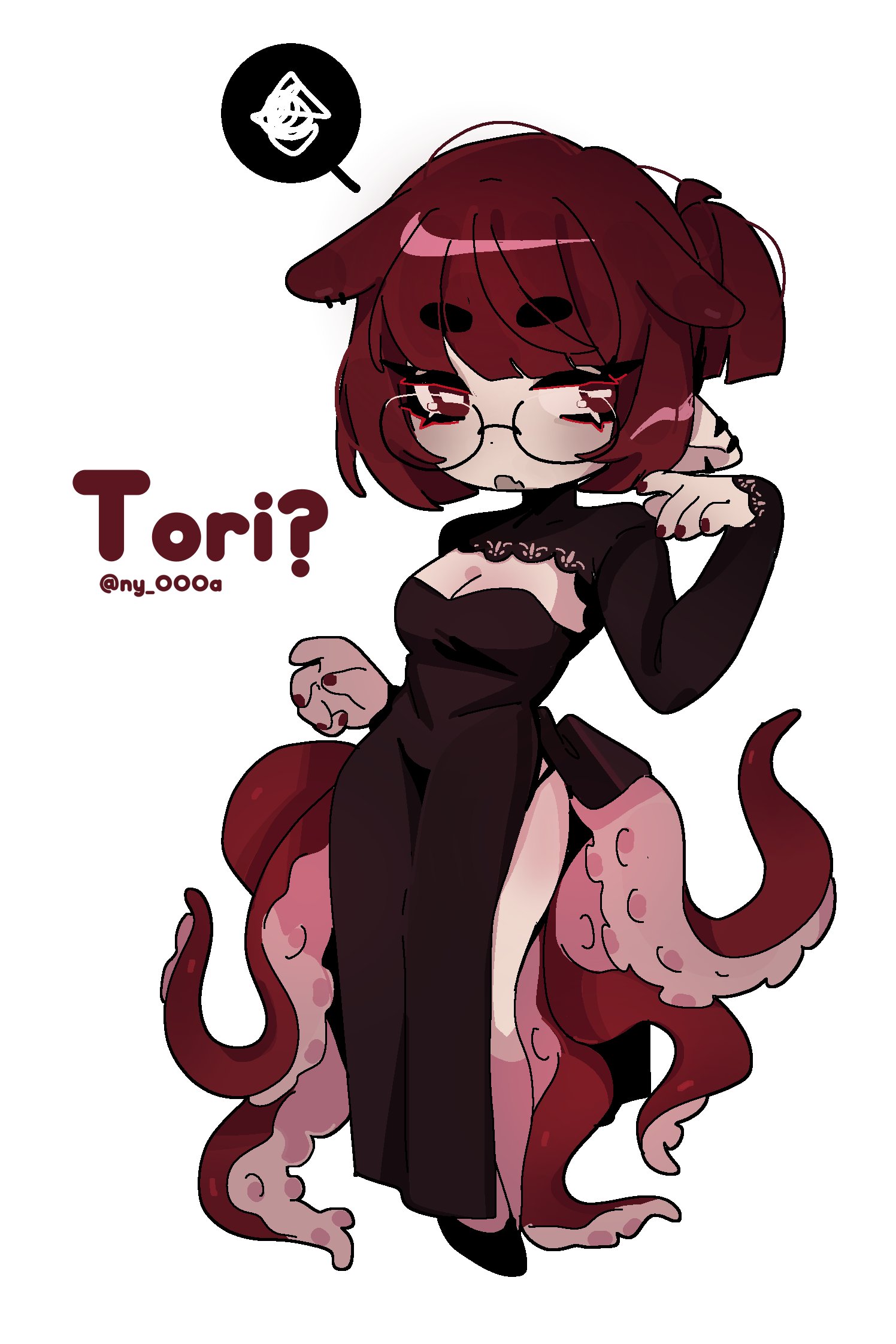 ny 000a, original, commentary, english commentary, highres, 1girl, animal ears, character name, chibi, dress, extra ears, fang, frills, glasses, nail polish, octopus, red hair, signature, skin fang, speech bubble