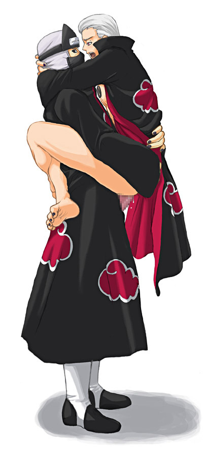 hidan (naruto), kakuzu (naruto), naruto (series), naruto shippuuden, silver hair, artist request, long image, tall image, 2boys, akatsuki (naruto), anal, censored, clothed sex, full body, male focus, male penetrated, multiple boys, penis, pink eyes, sex, white background, white eyes, yaoi