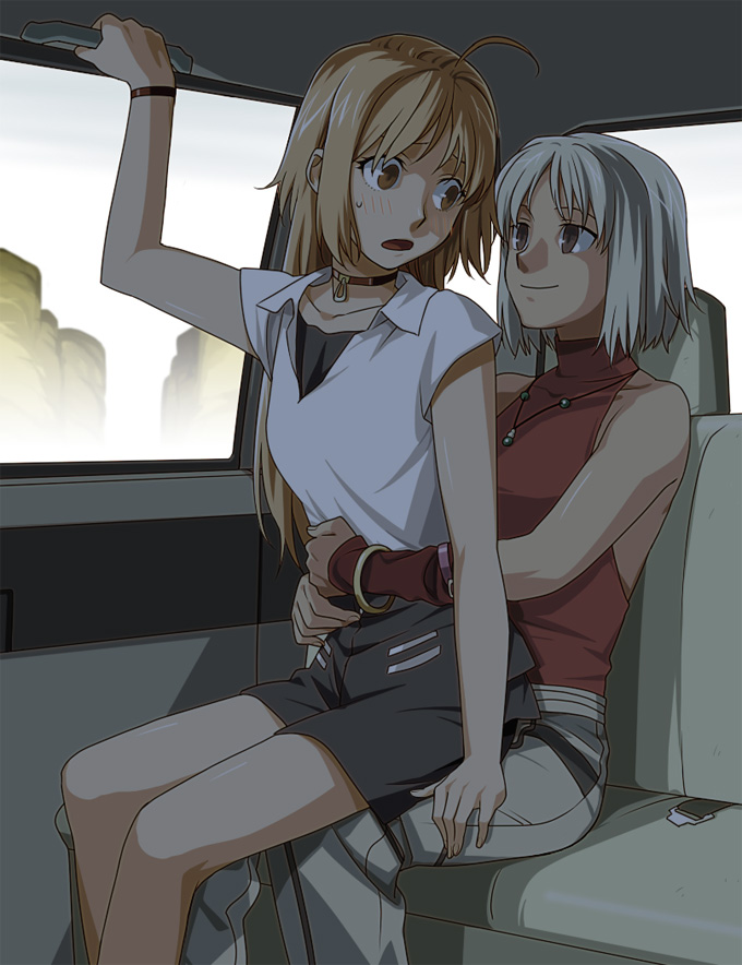 mori (unknown.), canaan (character), oosawa maria, 428, 428: fuusa sareta shibuya de, canaan (series), chunsoft, 2girls, bare shoulders, blonde hair, blush, bracelet, brown eyes, car, car interior, choker, holding, hug, hug from behind, jewelry, motor vehicle, multiple girls, necklace, red eyes, sitting, sitting on lap, sitting on person, sleeveless, smile, sweatdrop, waist hug, white hair, yuri