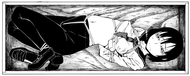 mashimi, shimimaru, original, 1girl, bdsm, bondage, bound, box, entombed, female focus, greyscale, in box, in container, midriff, monochrome, pantyhose, sarashi, school uniform, shoes, short hair, solo