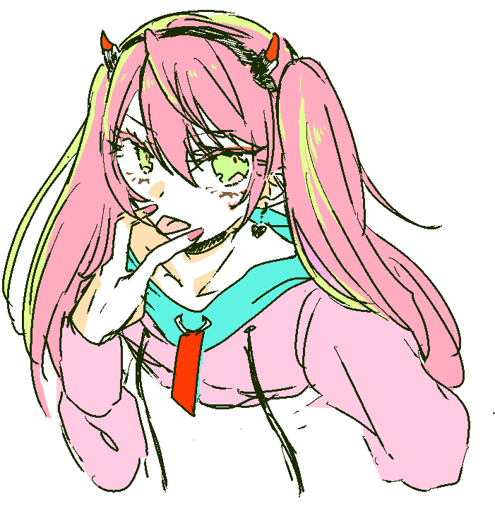 kashiko (drop out!), technoroid, character request, commentary request, 1girl, choker, earrings, eyelashes, fake horns, green eyes, heart, heart earrings, hood, hoodie, horns, jewelry, pale skin, pink hair, pink hoodie, pink nails, simple background, sketch, solo, tongue, tongue out, upper body, white background