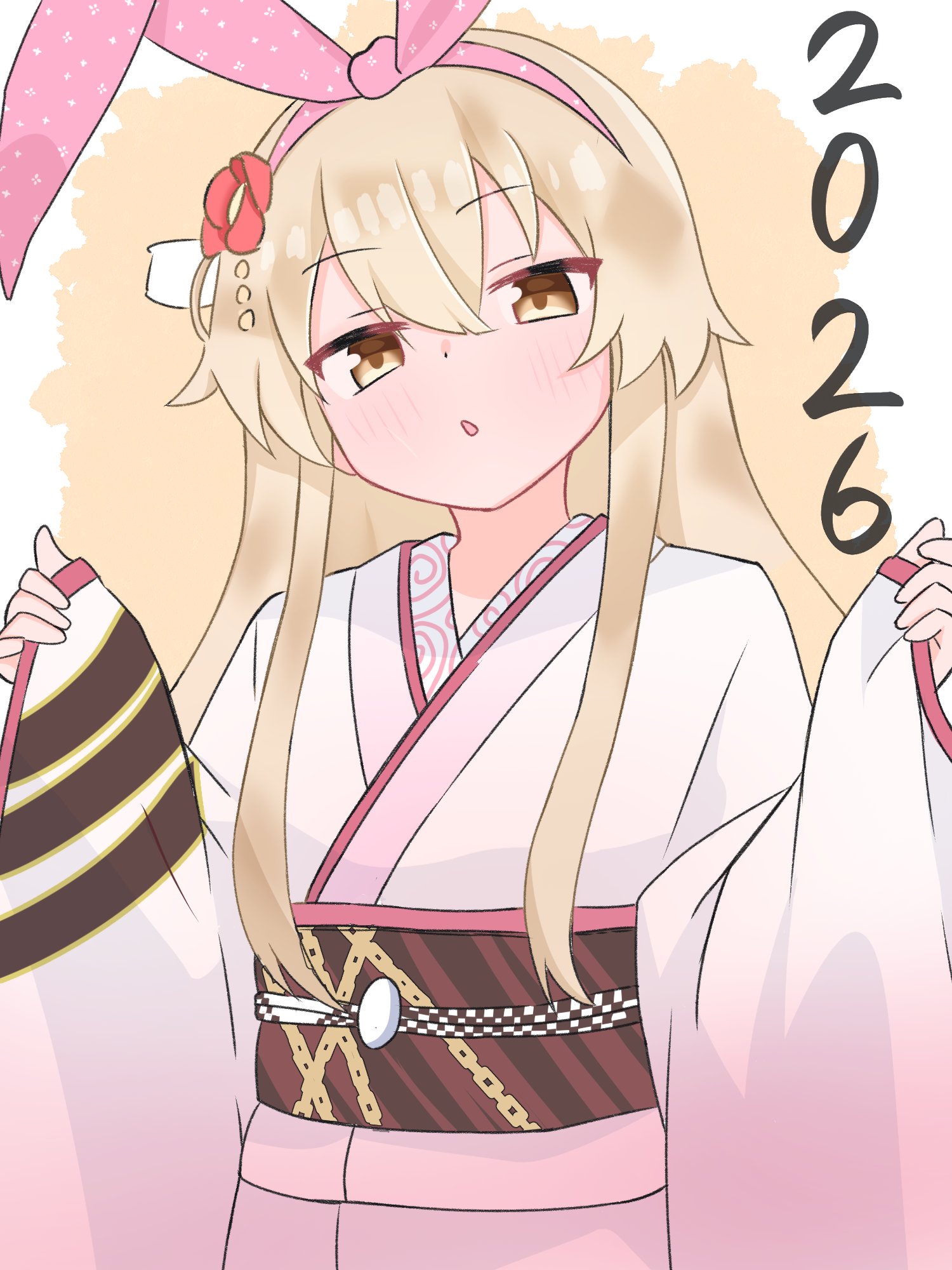 matu (matu19), shimakaze (kancolle), kantai collection, commentary request, highres, 1girl, 2026, alternate costume, blonde hair, brown eyes, flower, gradient clothes, gradient kimono, hair flower, hair ornament, hair ribbon, japanese clothes, kimono, long hair, obi, pink kimono, pink ribbon, ribbon, sash, solo, upper body, w arms