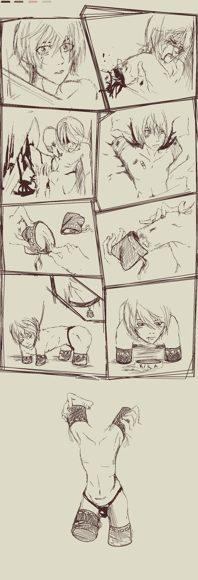 yagami light, death note, highres, long image, tall image, 00s, amputee, blood, blush, collar, guro, leash, male focus, monochrome, plaster, saliva, slave, tears, topless male