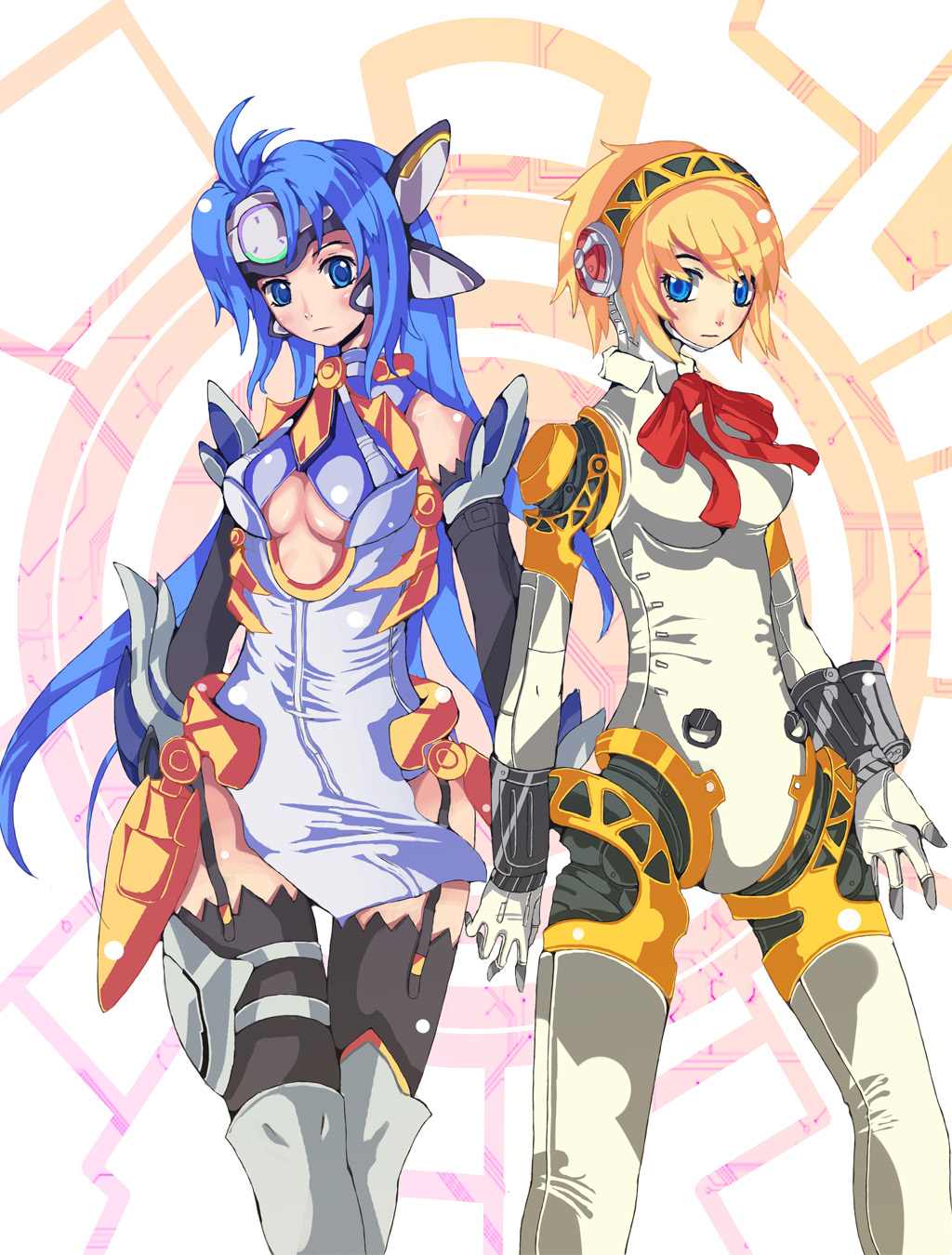 karasu (pixiv 4872165), aigis (persona), kos-mos, atlus, persona, persona 3, xenosaga, xenosaga episode iii, highres, 00s, android, blue eyes, blue hair, long hair, short hair