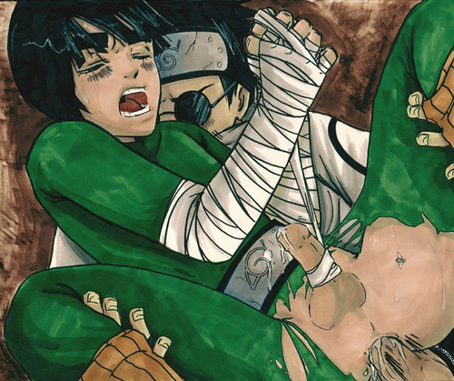 aburame shino, rock lee, naruto (classic), naruto (series), artist request, lowres, 2boys, anal, bandages, male focus, male penetrated, multiple boys, penis, sex, spread legs, tied penis, torn clothes, yaoi