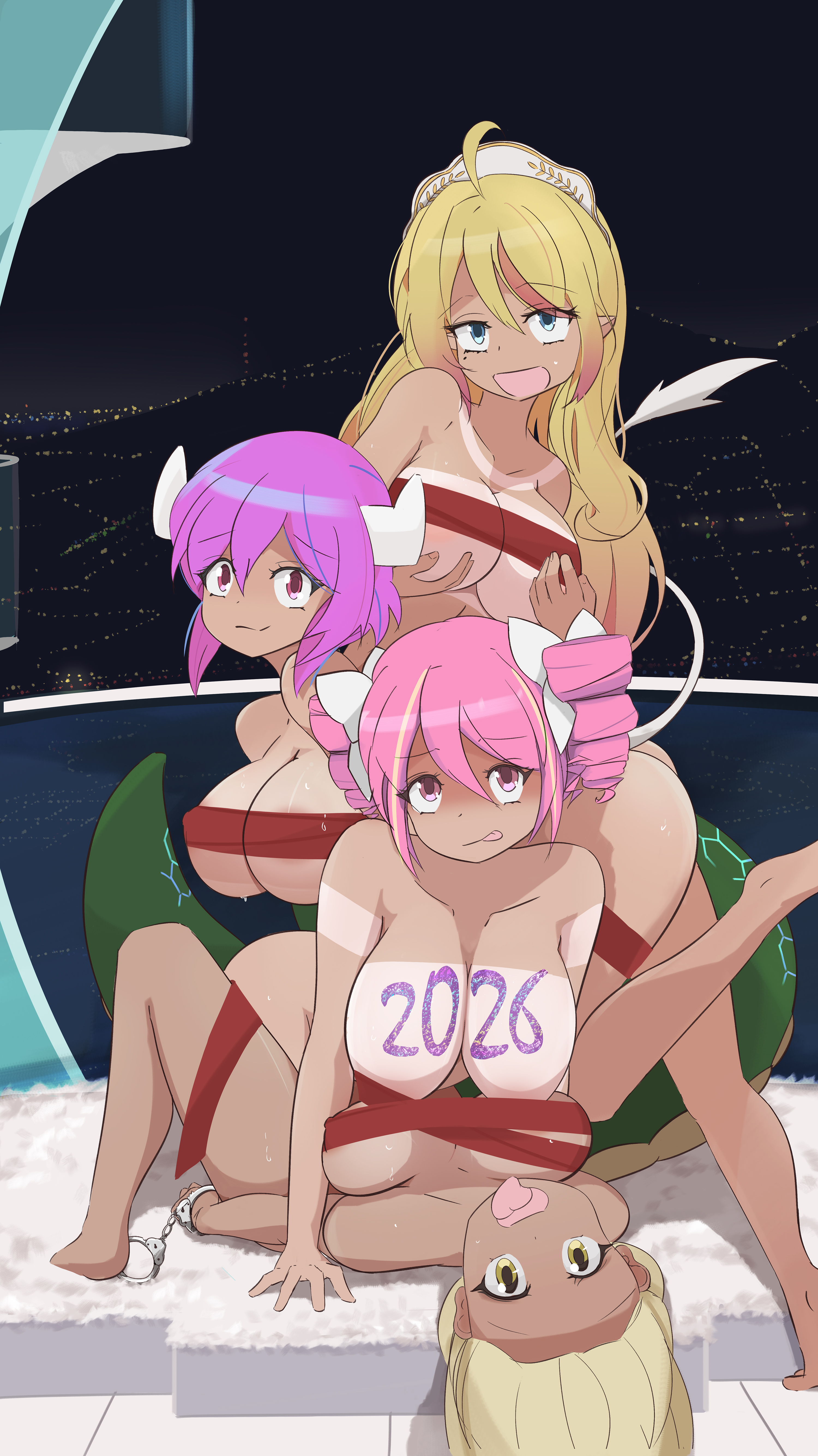 minos drawfag, jashin-chan, minos (jashin-chan dropkick), pino (jashin-chan dropkick), tachibana mei (jashin-chan dropkick), jashin-chan dropkick, absurdres, highres, 2026, 4girls, ahoge, areola slip, blonde hair, blue eyes, breasts, closed mouth, cow girl, cow horns, drill hair, gyaru, hair ribbon, hanging breasts, horns, lamia, large breasts, long hair, looking at viewer, monster girl, multiple girls, open mouth, pink eyes, pink hair, pointy ears, ribbon, smile, tongue, tongue out, twin drills, window, yellow eyes