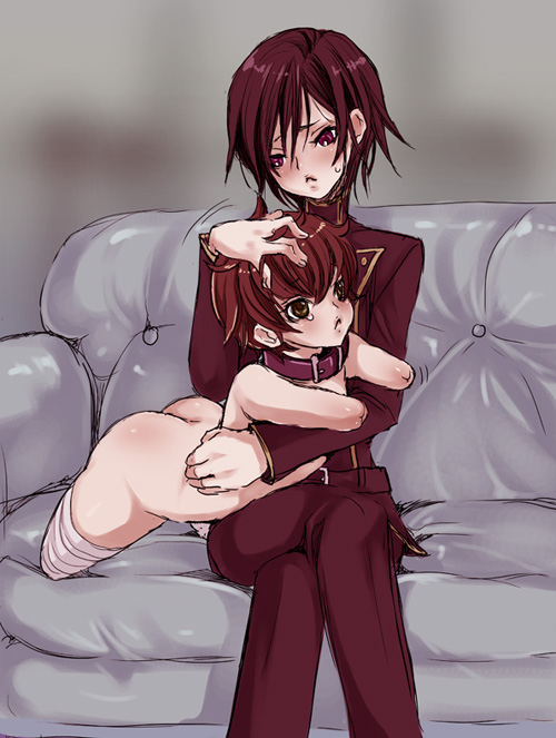 shiraishi asuka, kururugi suzaku, lelouch vi britannia, code geass, 00s, 2boys, :<, amputation, amputee, bandages, blush, collar, headpat, male focus, multiple boys, nude, pout, school uniform, tears, yaoi