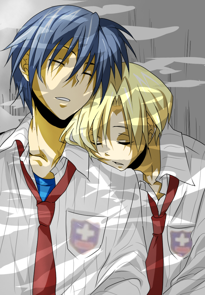 sakubutyou, okazaki tomoya, sunohara youhei, clannad, 00s, 2boys, blonde hair, blue hair, closed eyes, male focus, multiple boys, necktie, school uniform, sleeping