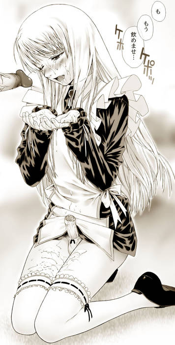 androgynous, blush, crossdressing, cum, facial, long hair, maid, monochrome, penis, ribbon, yaoi