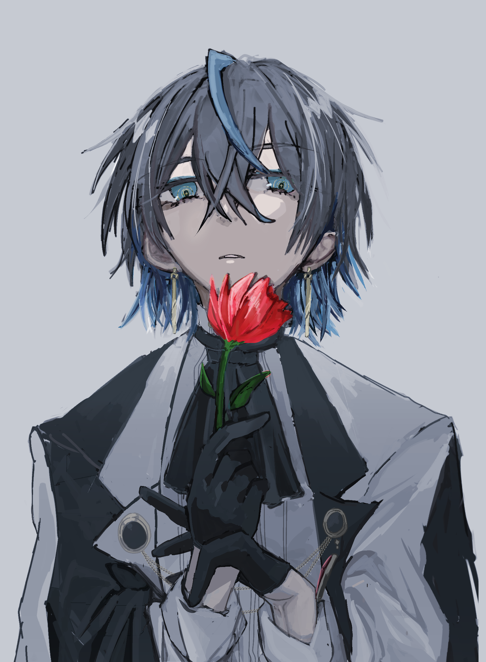 kashiko (drop out!), technoroid, character request, commentary request, highres, 1boy, blue eyes, earrings, flower, grey background, holding, holding flower, jewelry, lapels, male focus, pale skin, parted lips, red flower, short hair, solo, two-tone suit
