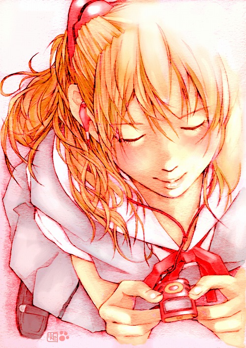 kotatsu-spirit, souryuu asuka langley, neon genesis evangelion, brown hair, closed eyes, earphones, ipod, ipod nano, ipod nano 5g, long hair, mp3 player, product placement, school uniform, smile, solo