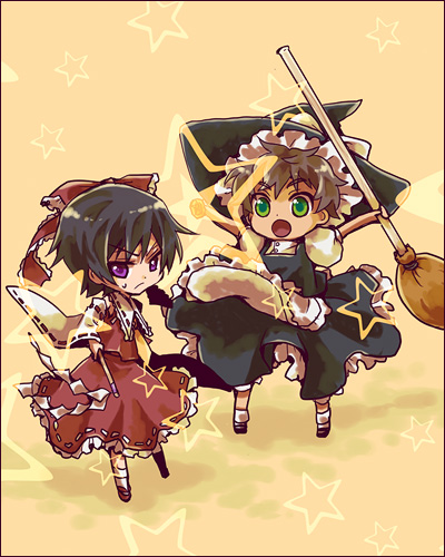mecco, hakurei reimu, kirisame marisa, kururugi suzaku, lelouch vi britannia, code geass, touhou, lowres, 2boys, black hair, bow, broom, brown hair, cosplay, crossdressing, crossdressing (mtf), detached sleeves, dress, green eyes, hair bow, hakurei reimu (cosplay), hat, japanese clothes, kirisame marisa (cosplay), miko, multiple boys, purple eyes, ribbon, short hair, trap, witch, witch hat