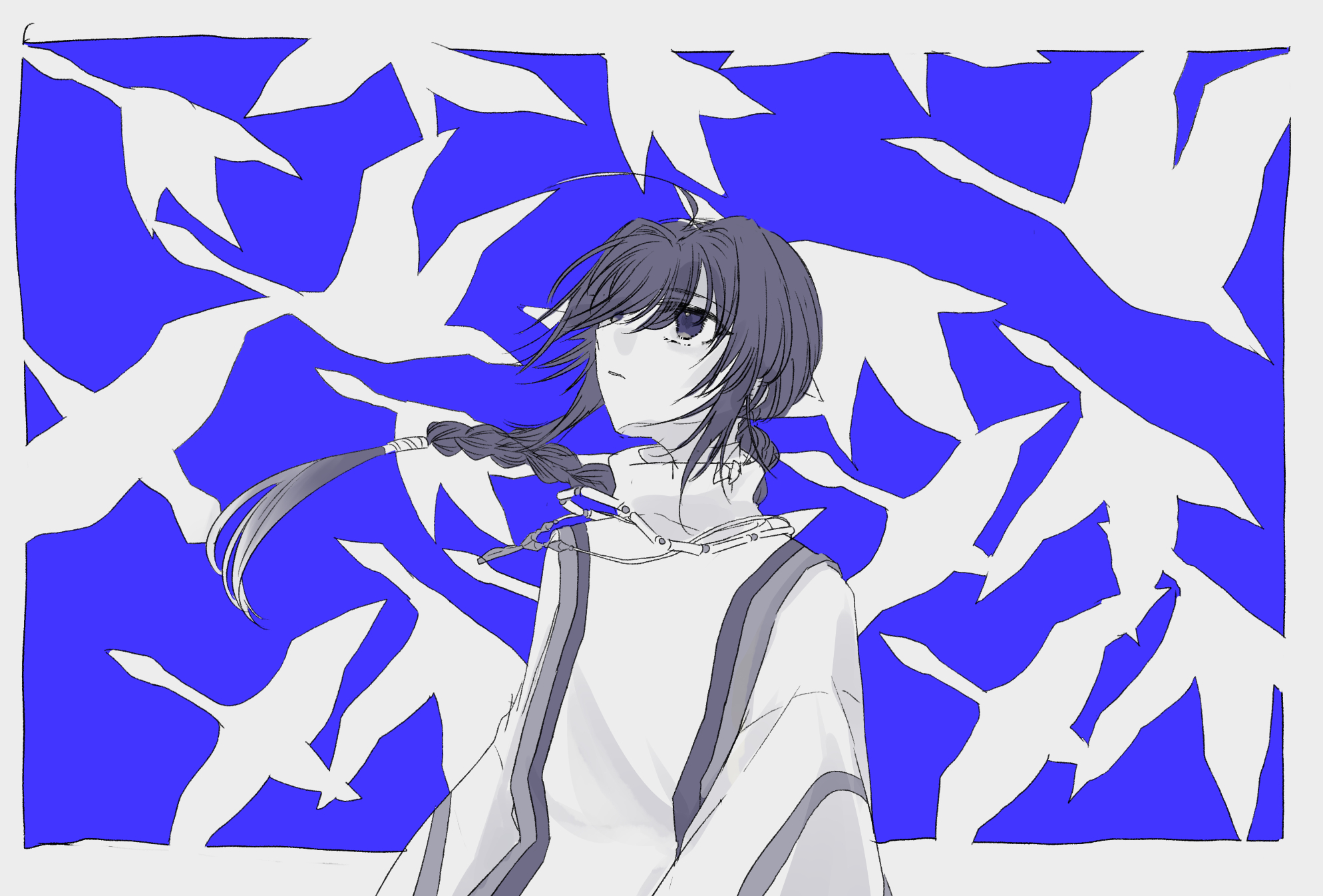 kashiko (drop out!), yamato takeru (fate), fate/samurai remnant, fate (series), commentary request, highres, 1other, ahoge, bird, braid, duck, flying, jewelry, limited palette, necklace, solo, upper body