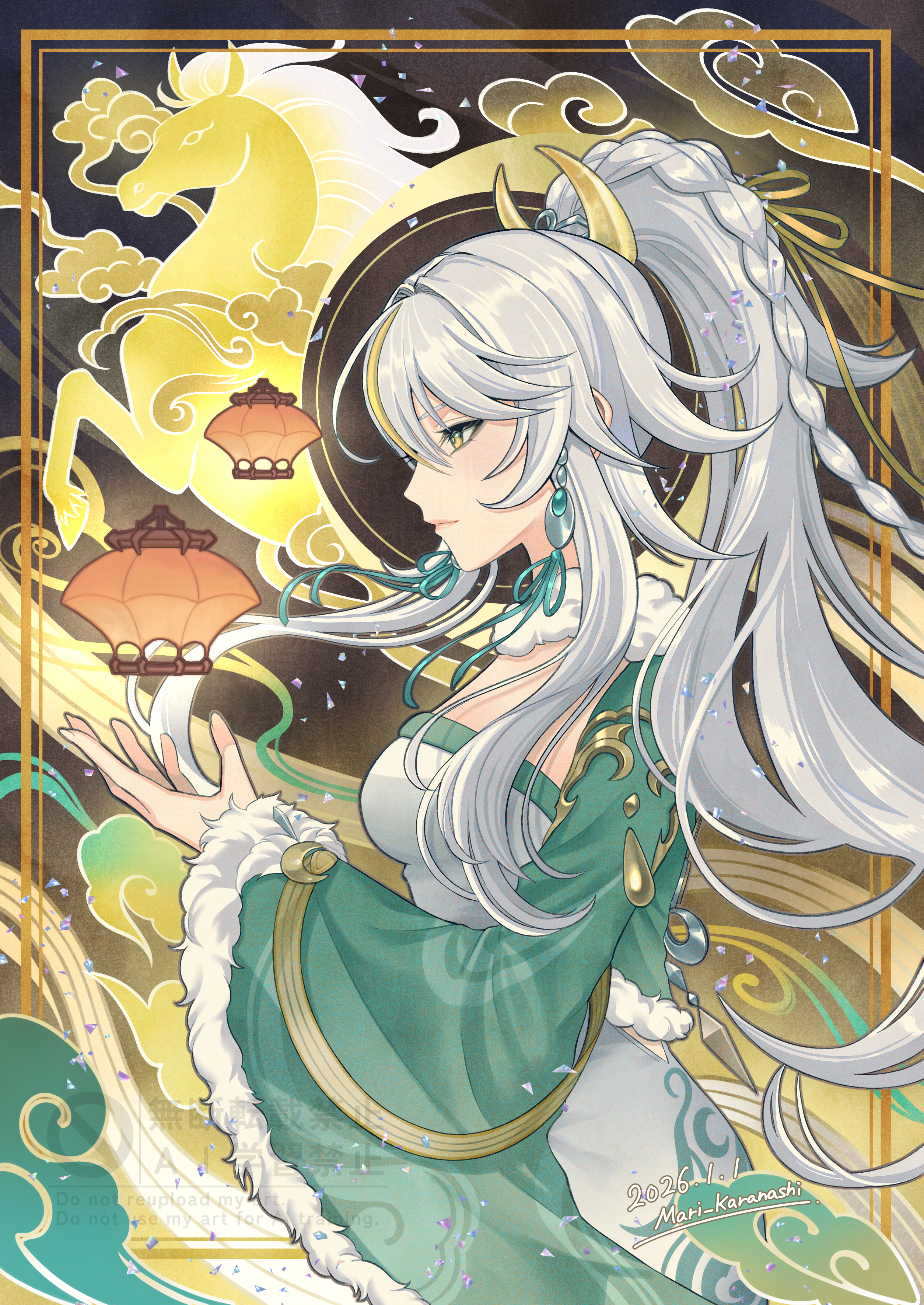 karanashi mari, zibai (genshin impact), genshin impact, absurdres, commentary request, highres, 1girl, braid, chinese clothes, earrings, from side, fur-trimmed sleeves, fur trim, grey hair, hair ornament, horse, jewelry, lantern, long hair, paper lantern, ponytail, single braid, sky lantern, solo, upper body, wide sleeves, yellow eyes