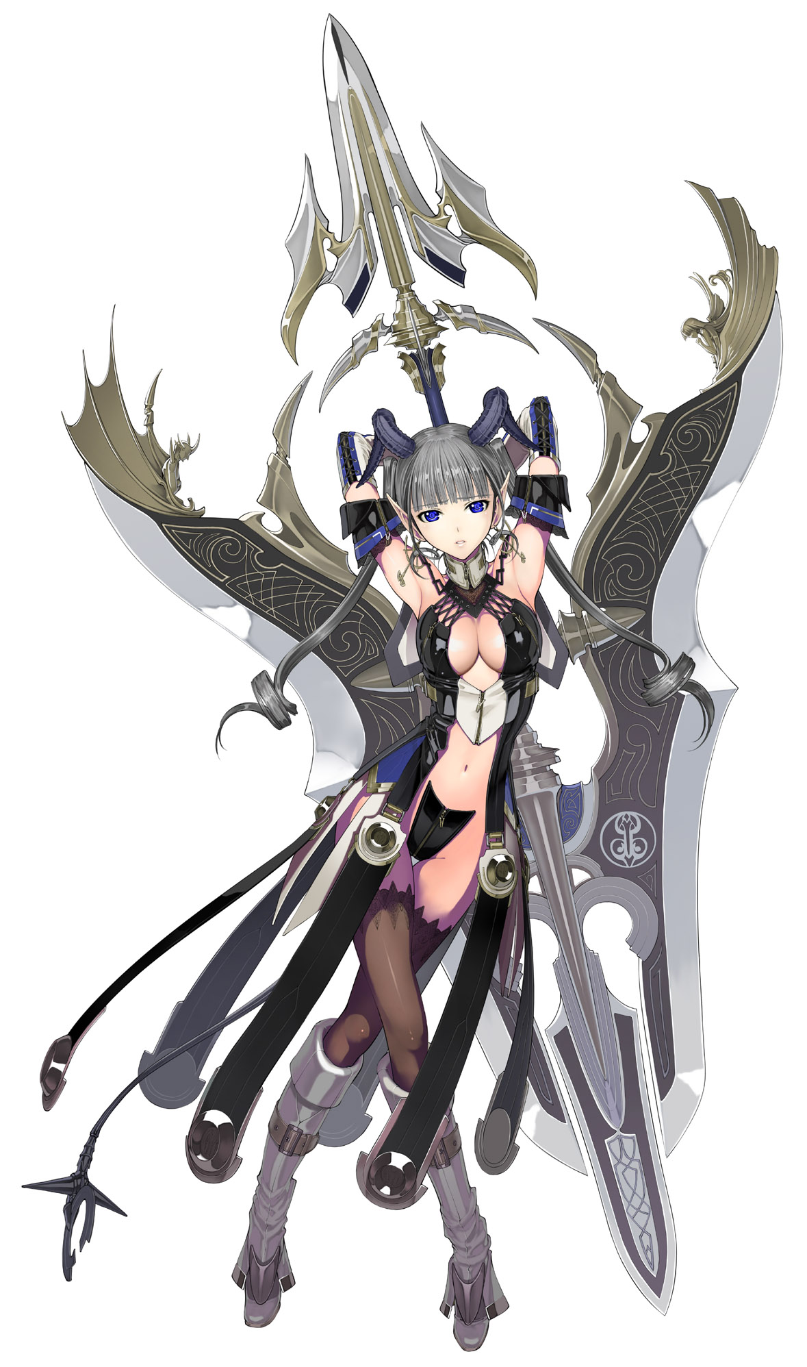 nakabayashi reimei, original, highres, 1girl, armpits, arms up, blue eyes, boots, breasts, cleavage, demon girl, earrings, elbow gloves, fantasy, female focus, gloves, grey hair, horns, huge weapon, jewelry, long hair, navel, pointy ears, solo, sword, thighhighs, twintails, weapon, zipper, zoom layer