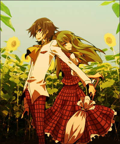 mecco, c.c., kazami yuuka, lelouch vi britannia, code geass, touhou, lowres, 1boy, 1girl, ascot, black hair, closed umbrella, cosplay, crossover, flower, green hair, kazami yuuka (cosplay), long hair, parasol, plaid clothes, plaid skirt, plaid vest, purple eyes, short hair, skirt, skirt set, sunflower, umbrella, vest, yellow eyes