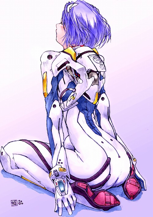 kotatsu-spirit, ayanami rei, neon genesis evangelion, ass, blush, knees to chest, mecha pilot suit, plugsuit (evangelion), purple hair, short hair, solo