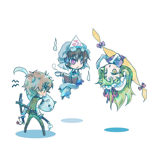 mecco, c.c., konpaku youmu, konpaku youmu (ghost), kururugi suzaku, lelouch vi britannia, saigyouji yuyuko, yakumo yukari, code geass, touhou, lowres, 1girl, 2boys, black hair, brown hair, cat, cosplay, crossdressing, cup, dual wielding, elbow gloves, floating, gap (touhou), ghost, gloves, green eyes, green hair, hat, holding, katana, konpaku youmu (cosplay), long hair, multiple boys, purple eyes, ribbon, saigyouji yuyuko (cosplay), short hair, sword, tanto, tea, teacup, weapon, yakumo yukari (cosplay), yellow eyes