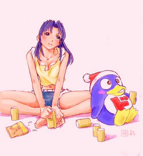 kotatsu-spirit, katsuragi misato, neon genesis evangelion, 1girl, alcohol, barefoot, beer, bird, blush, breasts, can, cleavage, denim, denim shorts, female focus, food, hands on feet, hat, long hair, medium breasts, navel, paw print, penguin, purple eyes, purple hair, santa hat, shorts, simple background, sitting, smile, solo, v arms