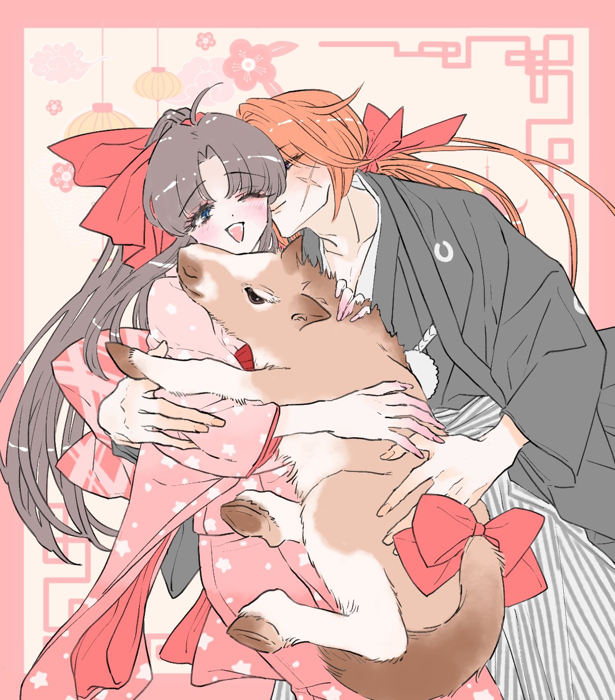 himura kenshin, kamiya kaoru, rurouni kenshin, commentary request, highres, 1boy, 1girl, ahoge, akeome, arm around shoulder, asairi, black haori, blush, bow, chinese zodiac, closed mouth, couple, cowboy shot, cross scar, facial scar, hair ribbon, haori, happy new year, hetero, horse, imminent kiss, japanese clothes, kimono, long hair, low ponytail, new year, one eye closed, open mouth, parted bangs, pink kimono, ponytail, red ribbon, ribbon, scar, scar on cheek, scar on face, smile, tail, tail bow, tail ornament, year of the horse