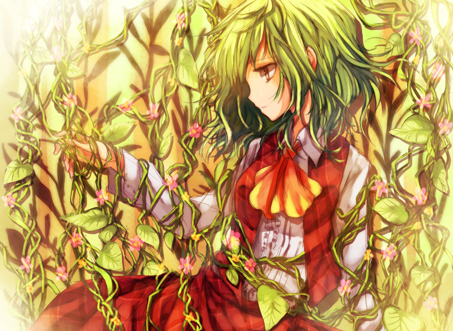 miya (tsumazukanai), kazami yuuka, touhou, bad id, bad pixiv id, 1girl, ascot, female focus, flower, green hair, plaid clothes, plaid skirt, plaid vest, plant, profile, red eyes, short hair, skirt, skirt set, solo, vest, vines