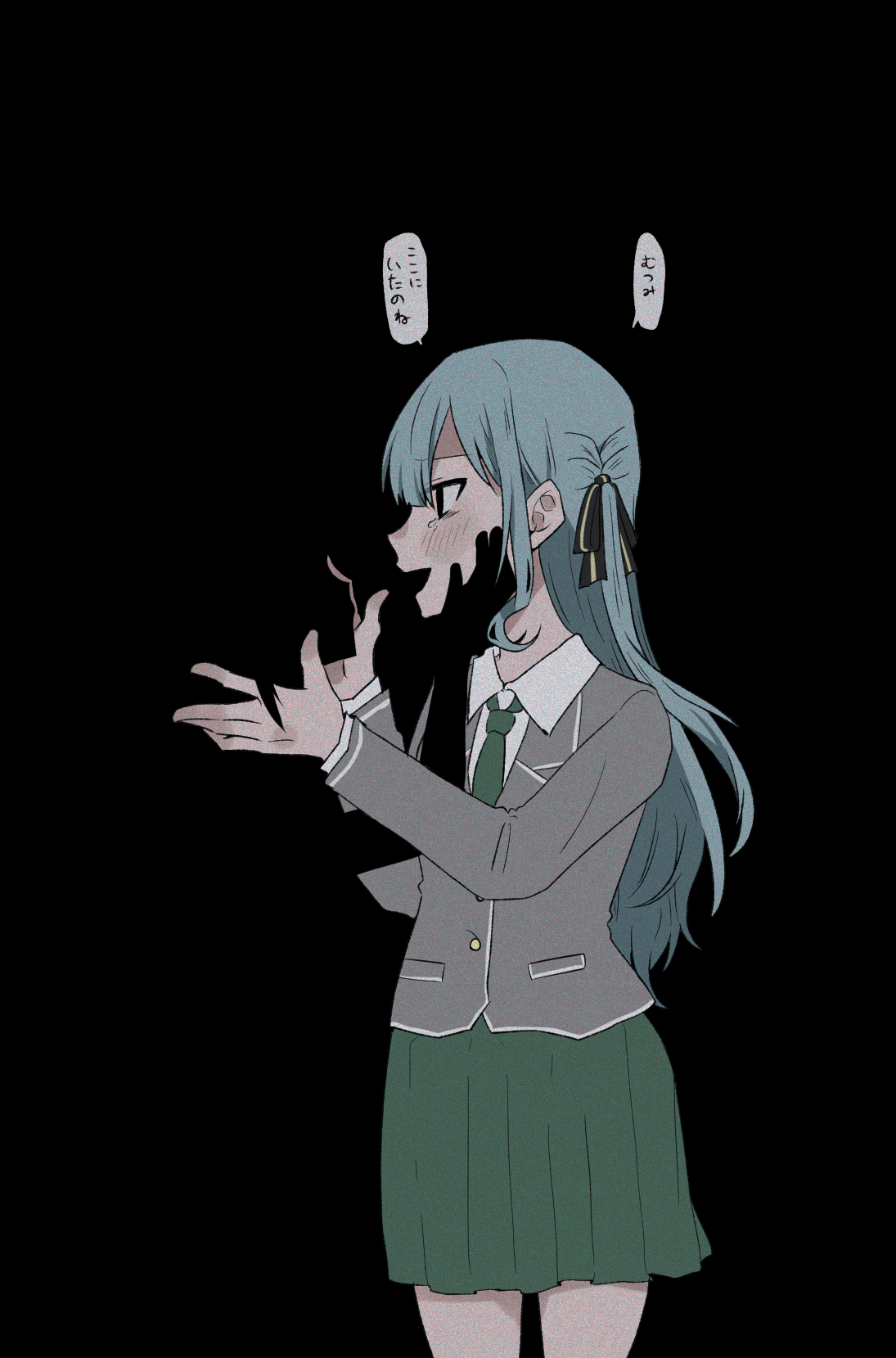 nago (hasakimati), togawa sakiko, wakaba mutsumi, bang dream!, bang dream! it's mygo!!!!!, commentary request, highres, 2girls, black ribbon, blending, blue hair, collared shirt, green necktie, green skirt, grey jacket, hair ribbon, hand on another's face, hands up, haneoka school uniform, jacket, multiple girls, necktie, open mouth, pleated skirt, ribbon, school uniform, shirt, skirt, tears, two side up, white shirt, yuri