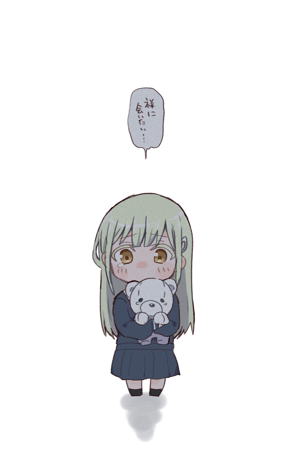 nago (hasakimati), wakaba mutsumi, bang dream!, bang dream! it's mygo!!!!!, commentary request, highres, translation request, 1girl, blue shirt, blue skirt, blush, green hair, hair ornament, hairclip, holding, holding stuffed toy, long hair, school uniform, shirt, simple background, skirt, solo, speech bubble, stuffed animal, stuffed toy, tears, teddy bear, tsukinomori school uniform, white background, yellow eyes