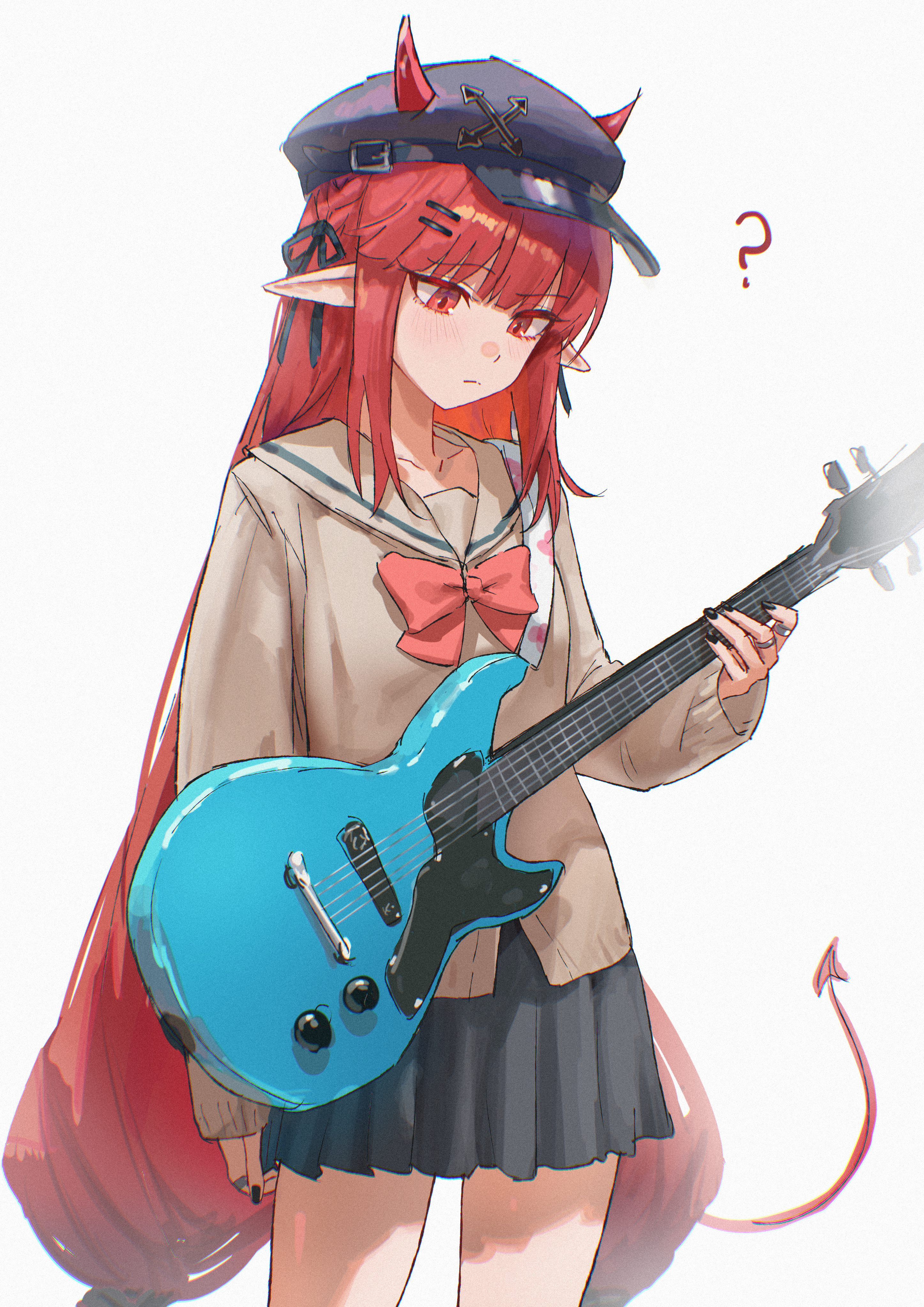 uof, kita ikuyo, vigna (arknights), arknights, bocchi the rock!, absurdres, commentary request, highres, textless version, 1girl, :/, ?, black hat, black nails, black ribbon, black skirt, blue sailor collar, bow, brown shirt, chibi, chibi inset, cosplay, demon horns, demon tail, dot nose, electric guitar, expressionless, guitar, hair ornament, hairpin, hat, hat belt, holding, holding guitar, holding instrument, horns, horns through headwear, instrument, jewelry, kita ikuyo (cosplay), light blush, long hair, long sidelocks, long sleeves, low-tied long hair, multiple girls, newsboy cap, pleated skirt, pointy ears, red bow, red eyes, red hair, ribbon, ring, sailor collar, school uniform, shirt, sidelocks, skirt, solo, surprised, tail
